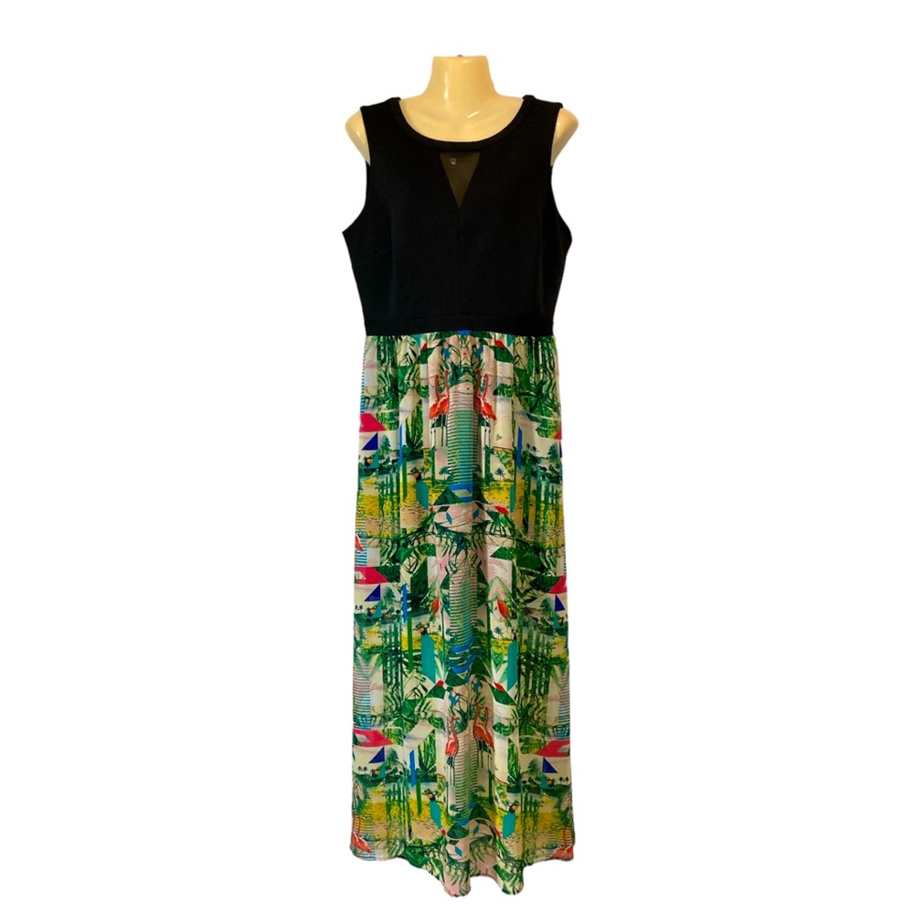 Nicole by Nicole Miller Maxi Dress Mesh Cutout Tropical Print Vacation Sz 12